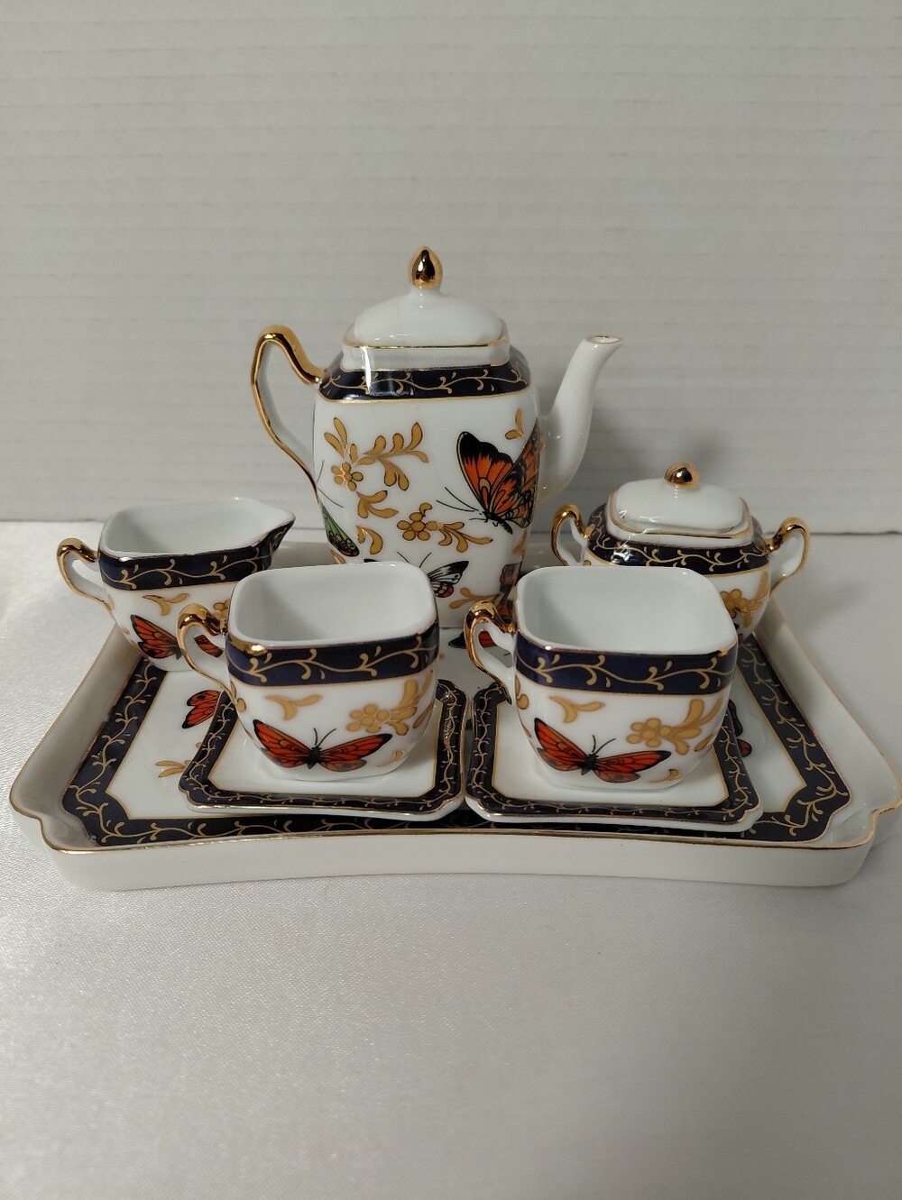 Adeline Miniture Porcelain Butterfly Tea Set - White with Navy & Gold